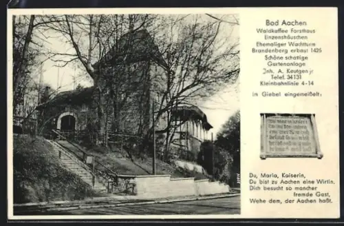 AK Bad Aachen, Gasthof Forsthaus Linzenshäuschen, Inh. A. Keutgen jr., ehemaliger Wachturm, Gartenkolonie