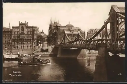 AK Bremen, Weserbrücke mit Dampfern