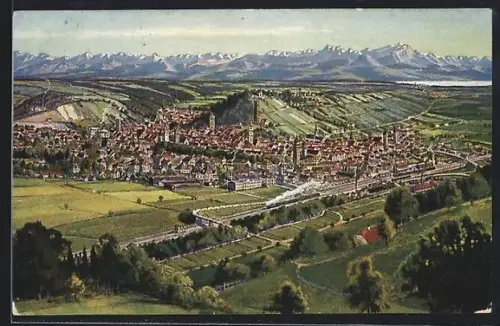 AK Ravensburg, Ortsansicht mit Bahnhof und Bergpanorama