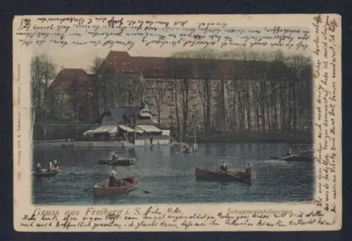AK Freiberg i. S., Schwanenschlösschen, Teich mit Ruderbooten