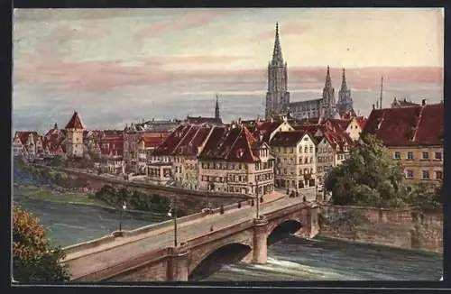 Künstler-AK Ulm a. D., Blick zur Donaubrücke