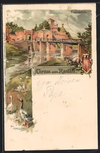 Künstler-AK Rastatt, Partie an der Friedrichsfeste mit Brücke mit Stadtwappen