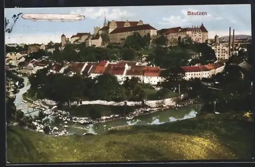 AK Bautzen, Mit einem Zeppelin, der über die Stadt fliegt