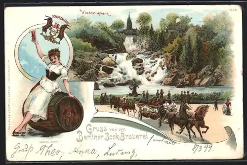 Lithographie Berlin, Schutzmarke Berliner Bock-Brauerei, Victoriapark-Wasserfall mit Urbock-Wagen, Mädchen mit Bierfass