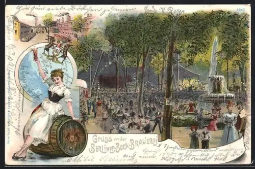 Lithographie Berlin-Kreuzberg, Gasthaus der Berliner-Bock-Brauerei mit Gartenlokal, Fridicinstrasse 2-3