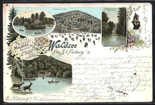 AK Waldsee b. Freiburg, Partien Musikpavillon, Waldsee im Winter und Durchblick zum Schloss