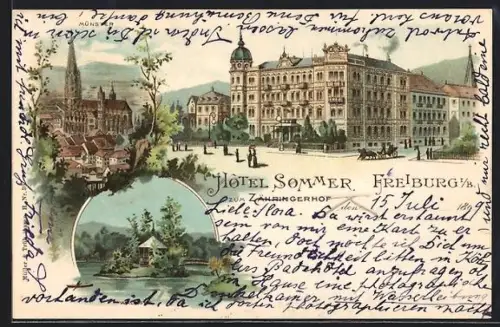 Lithographie Freiburg i. B., Hotel Sommer zum Zähringerhof, Münster, Waldsee