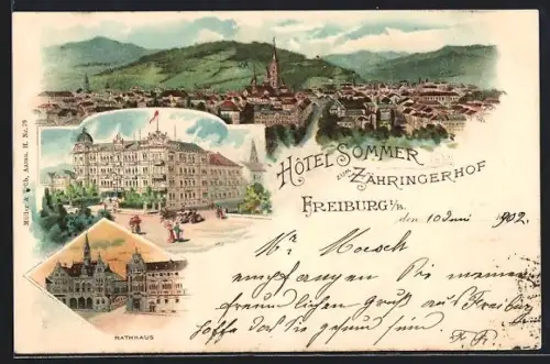 Lithographie Freiburg i. B., Hotel Sommer zum Zähringerhof, Rathaus, Totalansicht aus der Vogelschau