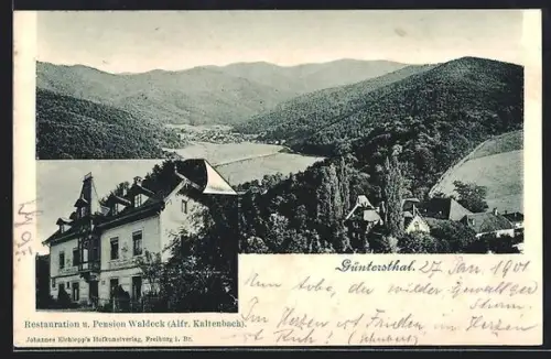 AK Güntersthal / Freiburg, Restauration-Pension Waldeck A. Kaltenbach mit Ort und Bergen