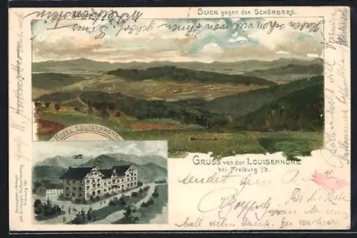 Lithographie Belchen, Blick gegen den Schönberg, Hotel Louisenhöhe