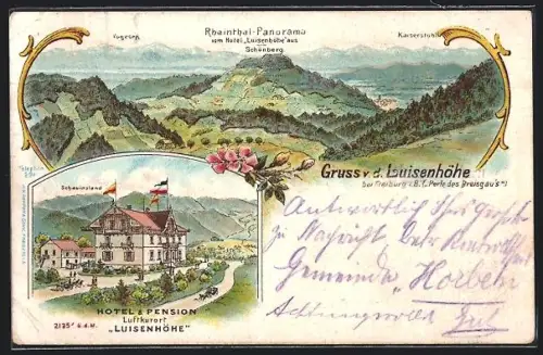 Lithographie Freiburg i. B., Hotel-Pension Luisenhöhe mit Schauinsland, Rhainthal-Panorama mit Schönberg