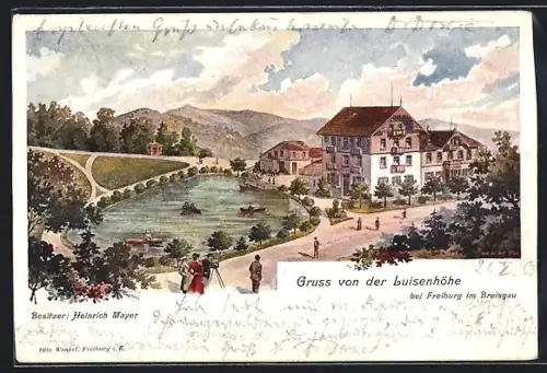 Künstler-AK Freiburg i. B., Hotel-Pension Luisenhöhe H. Mayer mit Bootsteich, Strasse und Bergpanorama