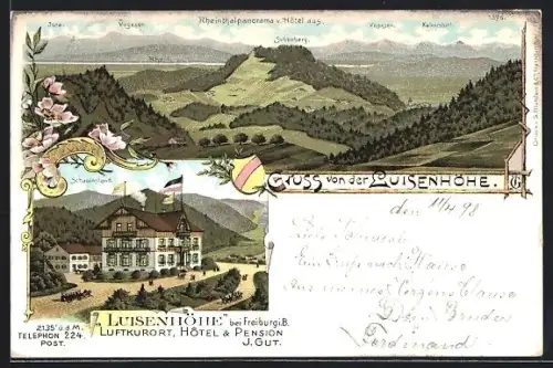 Lithographie Freiburg-Luisenhöhe / Breisgau, Gasthaus-Hotel Luisenhöhe von J. Gut