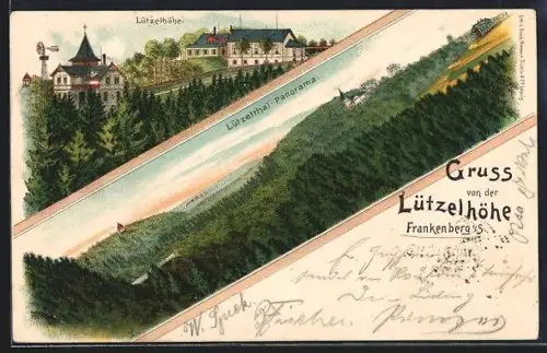 Künstler-Lithographie Lützelhöhe, Panoramablick und Häuser auf der Lützelhöhe