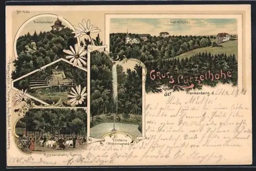 Lithographie Frankenberg / Sa., Gasthaus zur Lützelhöhe, Emilientempel, Fontaine i. Wilhelmsgrund