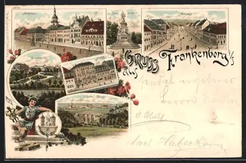 Lithographie Frankenberg / S., Marktplatz, Siegesdenkmal, Schlossstrasse, Friedenspark