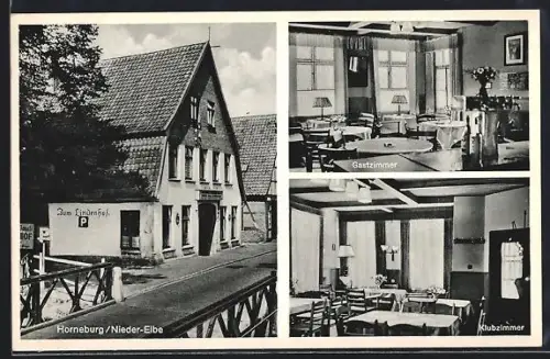 AK Horneburg /Elbe, Hotel zum Lindenhof P. Weichert, Strassenansicht, Gast- und Klubzimmer