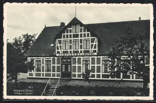 AK Mittelnkirchen /Altes Land, Somfleths Hotel, Vorderansicht mit Aussentreppe
