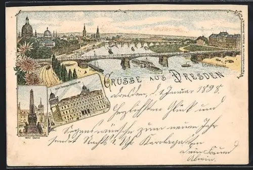 Lithographie Dresden, Telegraphen- u. Fernsprech-Amt, Wettin Obelisk, Elbpanorama mit Brücken