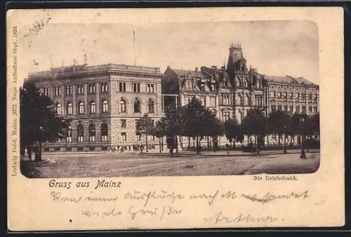 AK Mainz, Reichsbank mit Strasse, Panorama