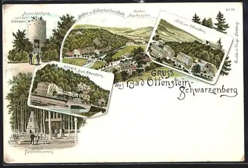 Vorläufer-Lithographie Schwarzenberg / Sachsen, 1894, Hotel-Naturheilanstalt Bad Ottenstein, Fürstenbrunn