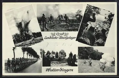 AK Wolterdingen / Hann., Landwehr-Übungslager, Turm, Strassenmarsch, Handgranatenwurf, Sturm