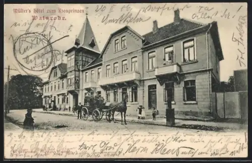 AK Walsrode, Müllers Hotel zum Kronprinzen mit Strasse u. Kutsche