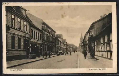 AK Walsrode, Langestrasse mit Rathaus, Geschäfte, Fachwerkhaus