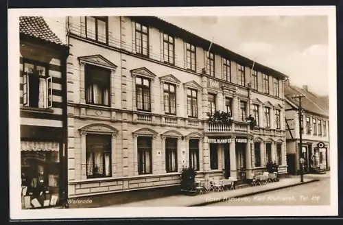 AK Walsrode, Hotel Hannover K. Krummwieh und angrenzende Geschäfte, Panorama