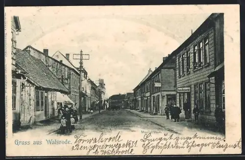 AK Walsrode, Moorstrasse m. Hotel-Restaurant u. kl. Versammlung, rücks. Seemann am Wasser m. Schild Zur schönen Aussicht