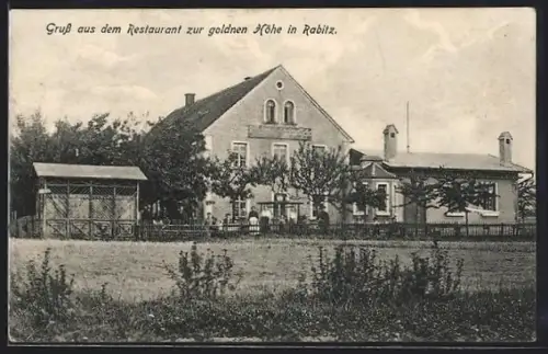 AK Rabitz /Bautzen, Restaurant zur goldnen Höhe mit kleiner Versammlung, Panorama