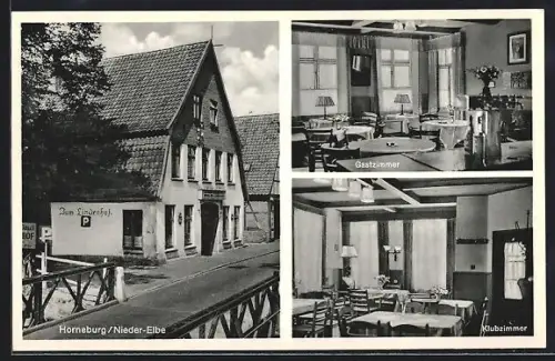 AK Horneburg /Elbe, Hotel zum Lindenhof P. Weichert, Strassenansicht, Gast- und Klubzimmer