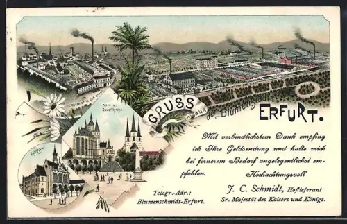 Lithographie Erfurt, Schmidt-Fabriken aus der Vogelschau, Dom & Severikirche, Rathaus