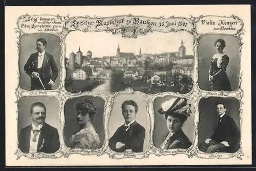 AK Bautzen, Lausitzer Musikfest 1907, Sängerfest, Musiker und Sänger Perron, Annie Krull, Buff-Giesen u. a.