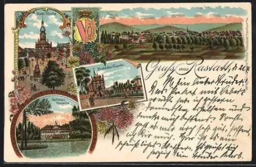 Lithographie Rastatt, Schloss Favorite, Einsiedler-Kapelle, Kath. Kirche, Ortsansicht