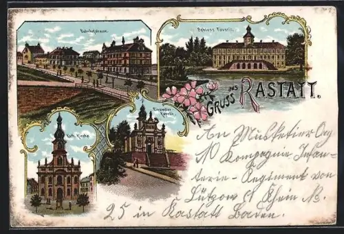 Lithographie Rastatt, Einsiedler-Kapelle, Bahnhofstrasse, Schloss Favorite und Kath. Kirche