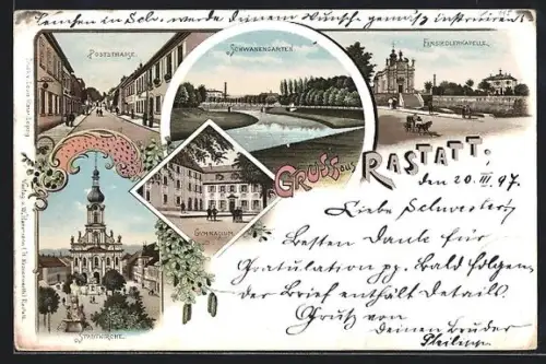 Lithographie Rastatt, Poststrasse, Stadtkirche, Einsiedlerkapelle, Gymnasium, Poststrasse