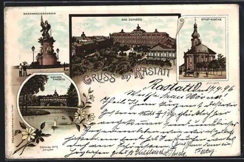 Lithographie Rastatt, Schloss, Stadt-Kirche, Schloss Favorite und Bernhardusbrunnen