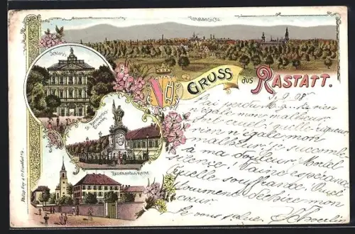 Lithographie Rastatt, Totalansicht mit Schloss