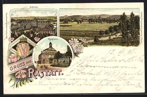 Lithographie Rastatt, Rathaus, Schloss, Blick über Felder auf die Stadt