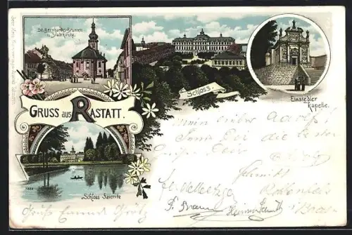 Lithographie Rastatt, Einsiedler-Kapelle, Schloss, St. Bernhardus-Brunnen und Stadtkirche, Schloss Favorite