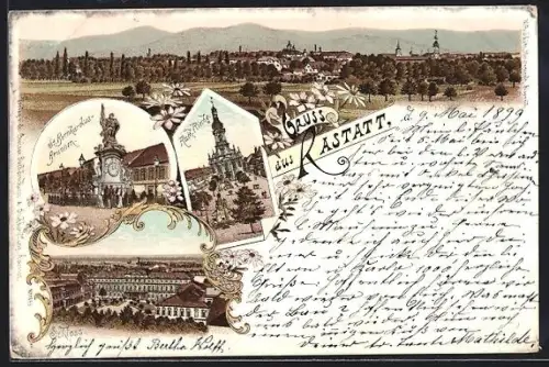 Lithographie Rastatt, St. Bernhardus-Brunnen und Kath. Kirche