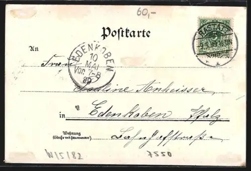 Lithographie Rastatt, St. Bernhardus-Brunnen und Kath. Kirche