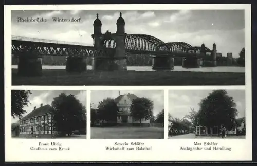 AK Wintersdorf / Rastatt, Gasthaus zum Kreuz, Gasthaus zum Bahnhof, Postagentur Schäfer