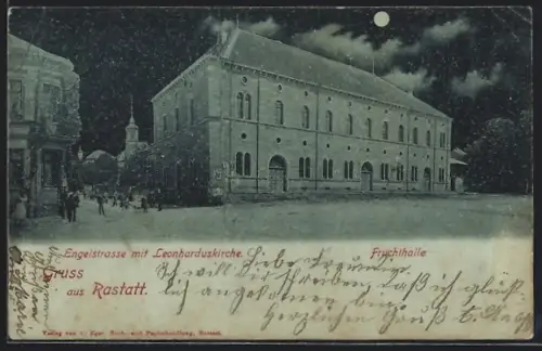 Mondschein-AK Rastatt, Engelstrasse mit Leonharduskirche, Fruchthalle