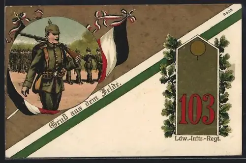 Künstler-AK Gruss aus dem Felde, Soldat in voller Montur, Ldw. Inf. Rgt. 101