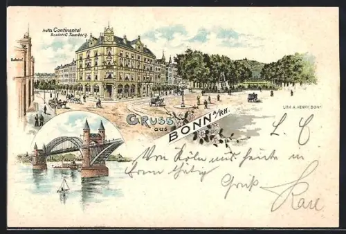 Lithographie Bonn a. Rh., Hotel Continental, Bes. C. Tamberg, Blick zum Poppelsdorfer Schloss, Rheinbrücke