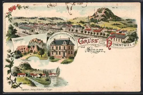 Lithographie Singen, Eugenstor, Hohenkrähen, Hohentwiehl über dem Ort