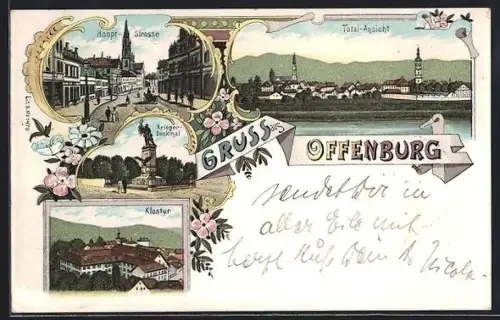 Lithographie Offenburg, Hauptstrasse, Kriegerdenkmal und Kloster
