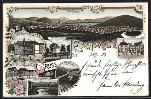 Lithographie Eschwege, Schloss, Kaiserl. Postamt, Hessen-Denkmal und Fürstenstein